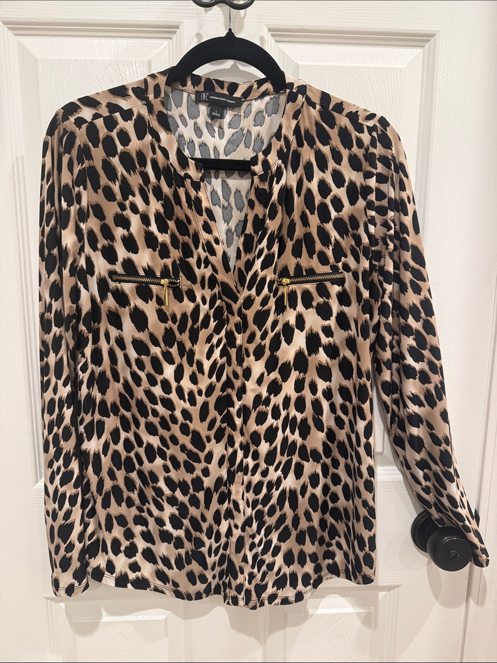 INC International Concepts Leopard-Print V-Neck Blouse in Beige and Black